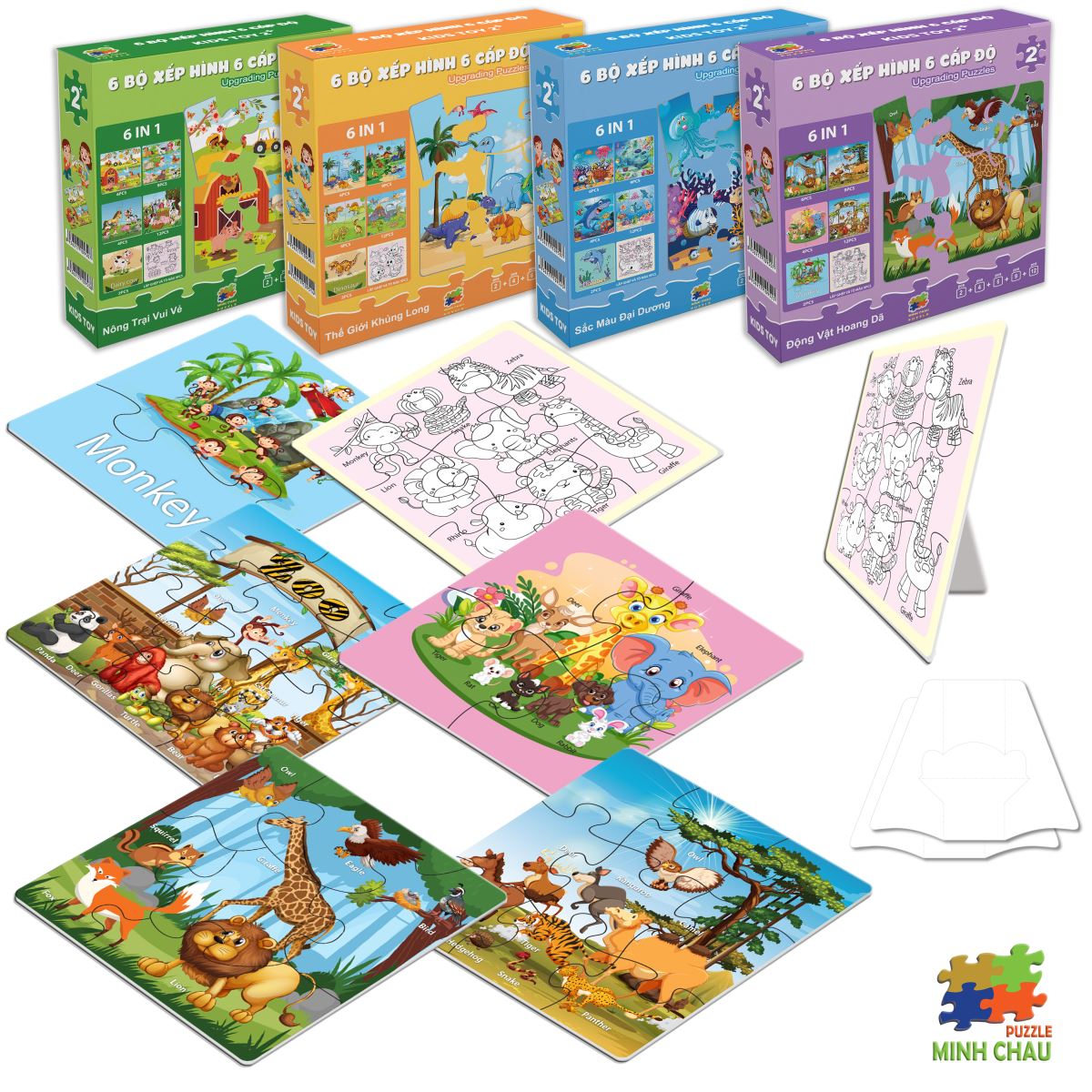 Hộp 06 Bộ Tranh Xếp Hình 6 Cấp Độ 17x17cm Động vật hoang dã