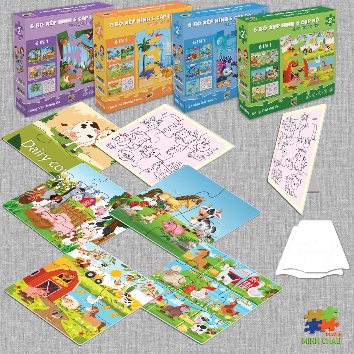 Hộp 06 Bộ Tranh Xếp Hình 6 Cấp Độ 17x17cm Nông trại vui vẻ