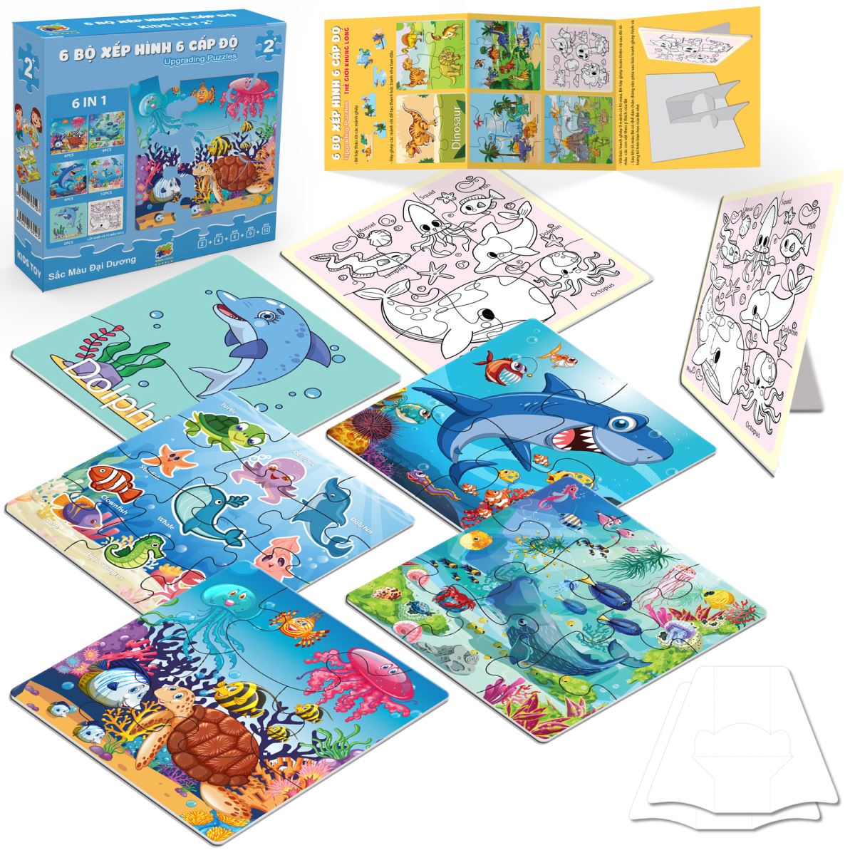 Hộp 06 Bộ Tranh Xếp Hình 6 Cấp Độ 17x17cm Sắc màu đại dương