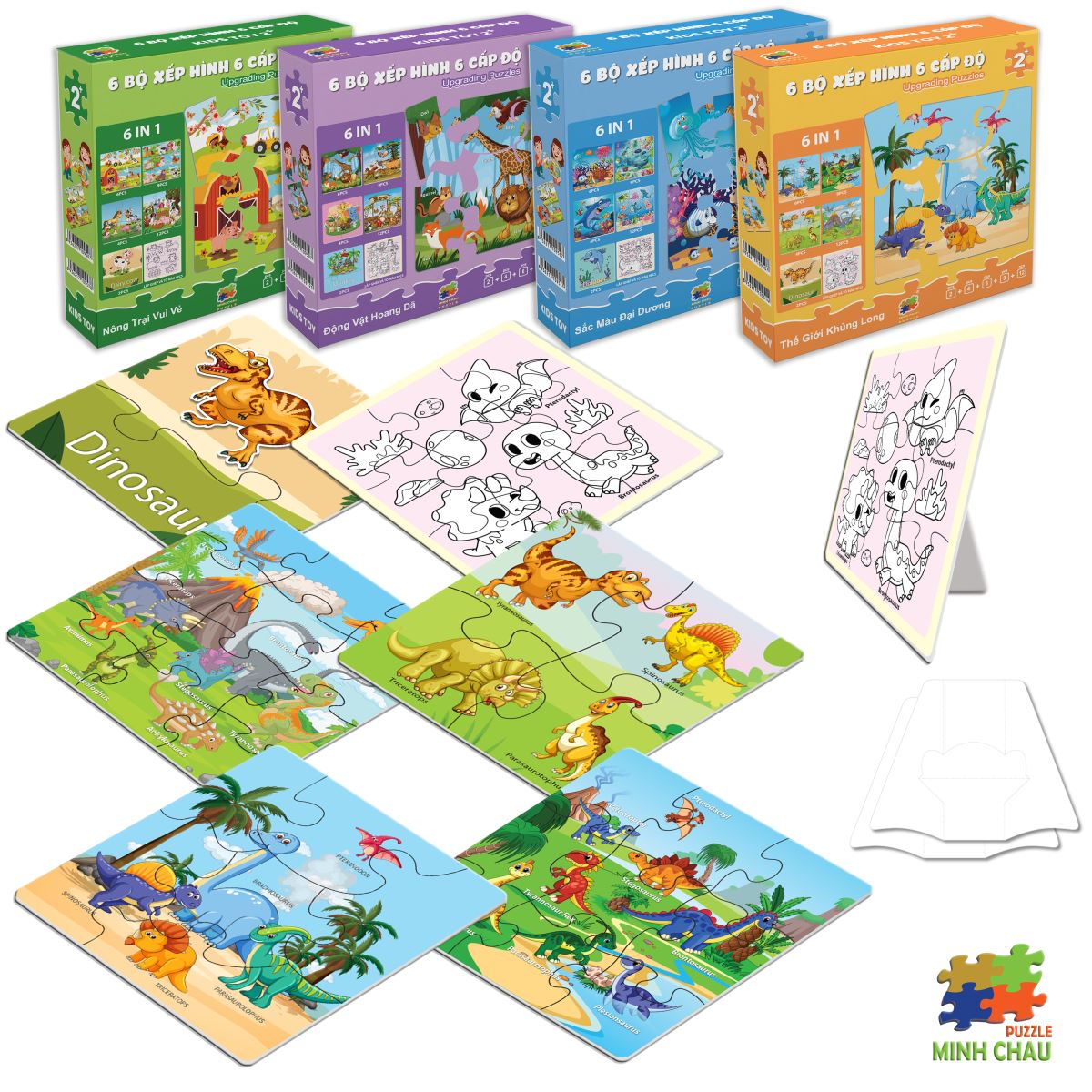 Hộp 06 Bộ Tranh Xếp Hình 6 Cấp Độ 17x17cm Thế giới khủng long